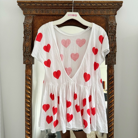 Wildfox Couture Heart Print Size S Cotton Swing Tshirt Deep V Red White Babydoll - Picture 2 of 6